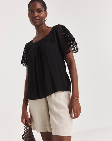 Square Neck Crochet Sleeve Top