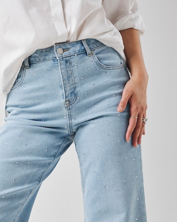 Mid Blue Embellished Wide Leg Jeans