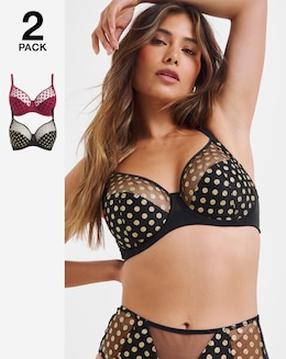 Pretty Secrets (2 Pack) Hannah Spot Mesh Full Cup Bras (B-G) Black/Wine