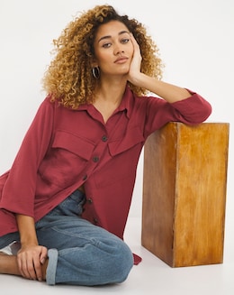 Berry Dropped Shoulder Herringbone Twill Pocket Detail Shirt