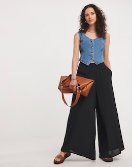 Black Pull On Crinkle Palazzo Trousers