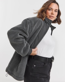 Charcoal Funnel Neck Lined Longline Borg Jacket