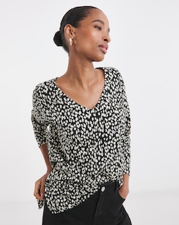 Pure Cotton Striped Animal Print Slouch 3/4 Sleeve Longline Top