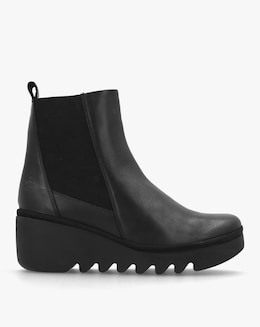 Fly London Bagu Black Leather Wedge Chelsea Boots
