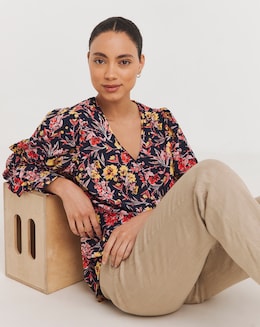 Mixed Print Volume Cuff Blouse