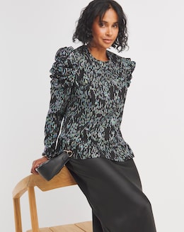 Multi Print Ruched Sleeve Top