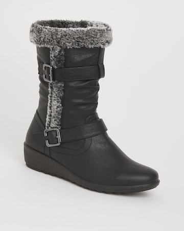 Cushion Walk Wedge Faux Fur Mid Leg Buckle Boot Extra Wide EEE Fit