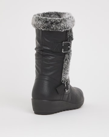Cushion Walk Wedge Faux Fur Mid Leg Buckle Boot Extra Wide EEE Fit