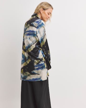 Womens Satin Longline Long Sleeve Shirt - Blue/Natural Abstract