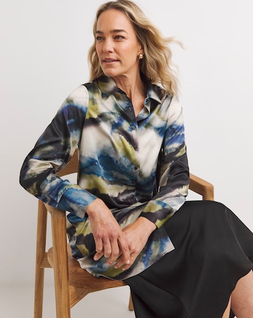Womens Satin Longline Long Sleeve Shirt - Blue/Natural Abstract