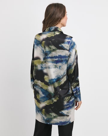 Womens Satin Longline Long Sleeve Shirt - Blue/Natural Abstract
