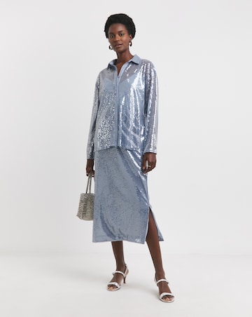 Blue Mesh Sequin Column Midi Skirt