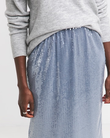 Blue Mesh Sequin Column Midi Skirt