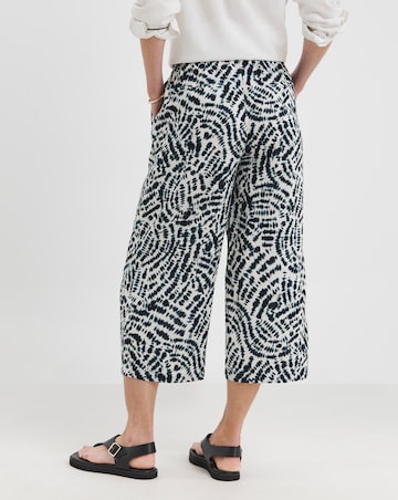 Navy Print Linen Mix Cropped Wide Leg Culottes