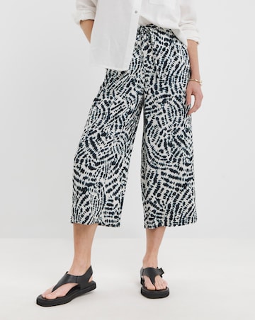 Navy Print Linen Mix Cropped Wide Leg Culottes