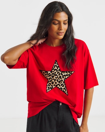Simply Be Red Leopard Star Graphic Oversized T-Shirt