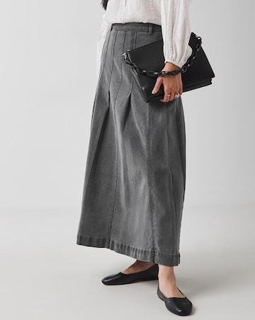 Grey Maxi Pleat Detail Denim Skirt