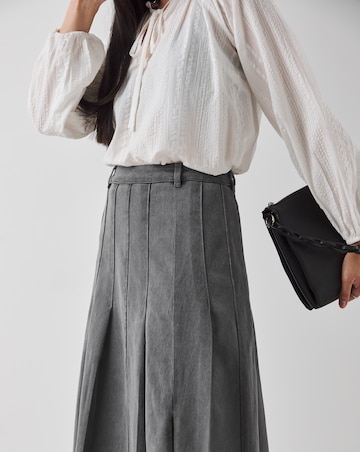 Grey Maxi Pleat Detail Denim Skirt