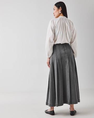 Grey Maxi Pleat Detail Denim Skirt
