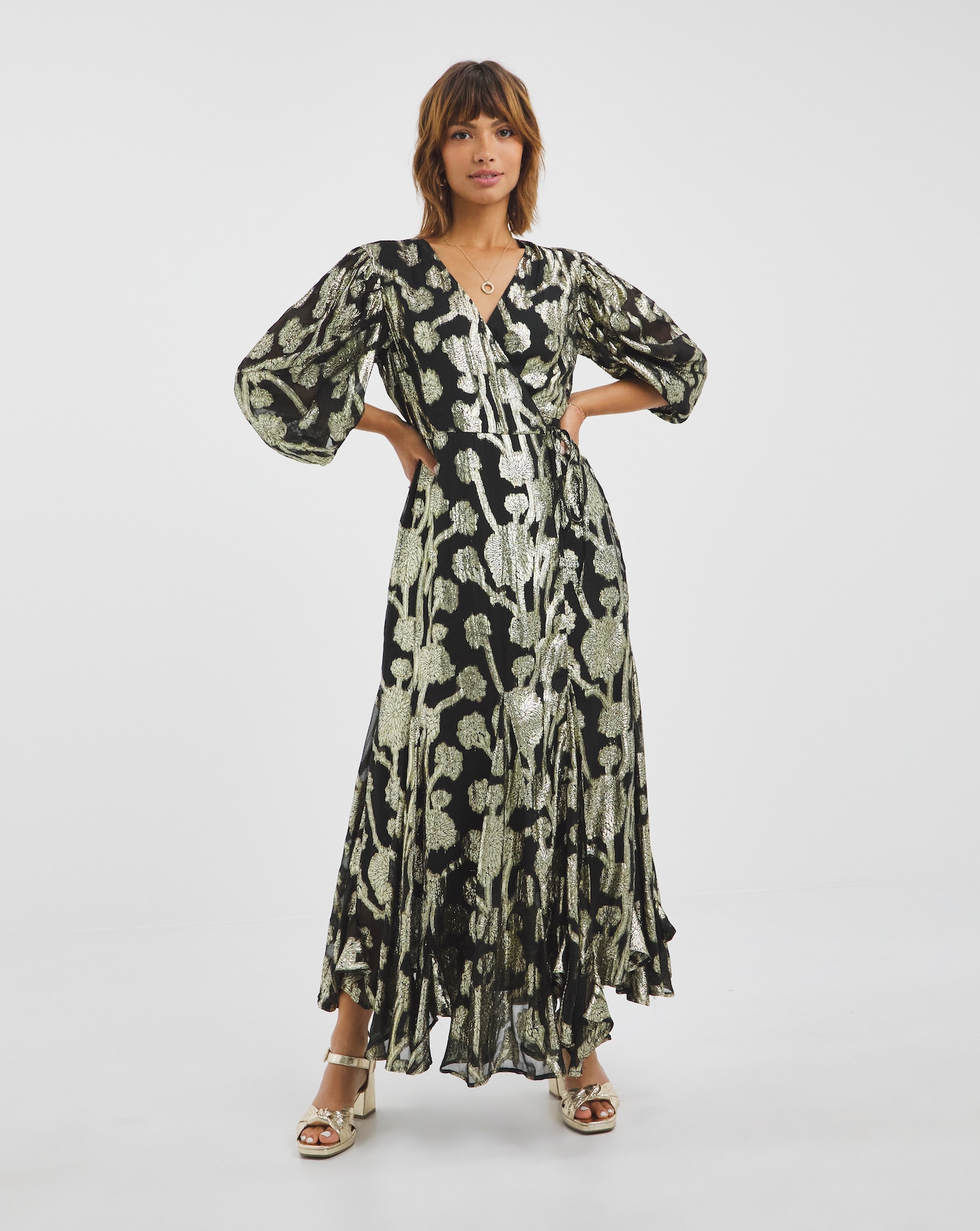Joanna Hope Gold Jacquard Wrap Dress Marisota