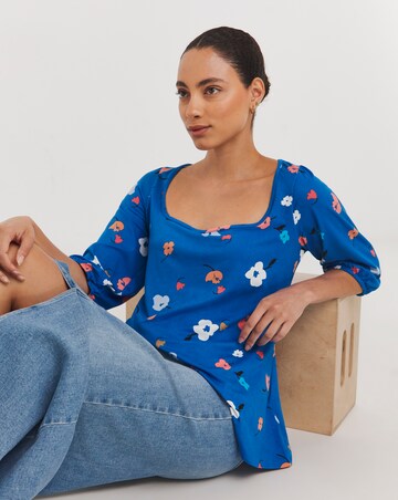 Blue Floral Square Neck Volume Three Quarter Sleeve Top