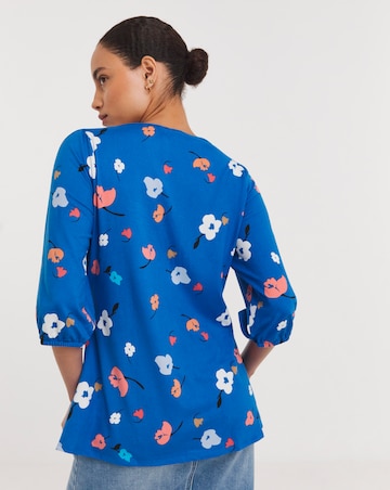 Blue Floral Square Neck Volume Three Quarter Sleeve Top