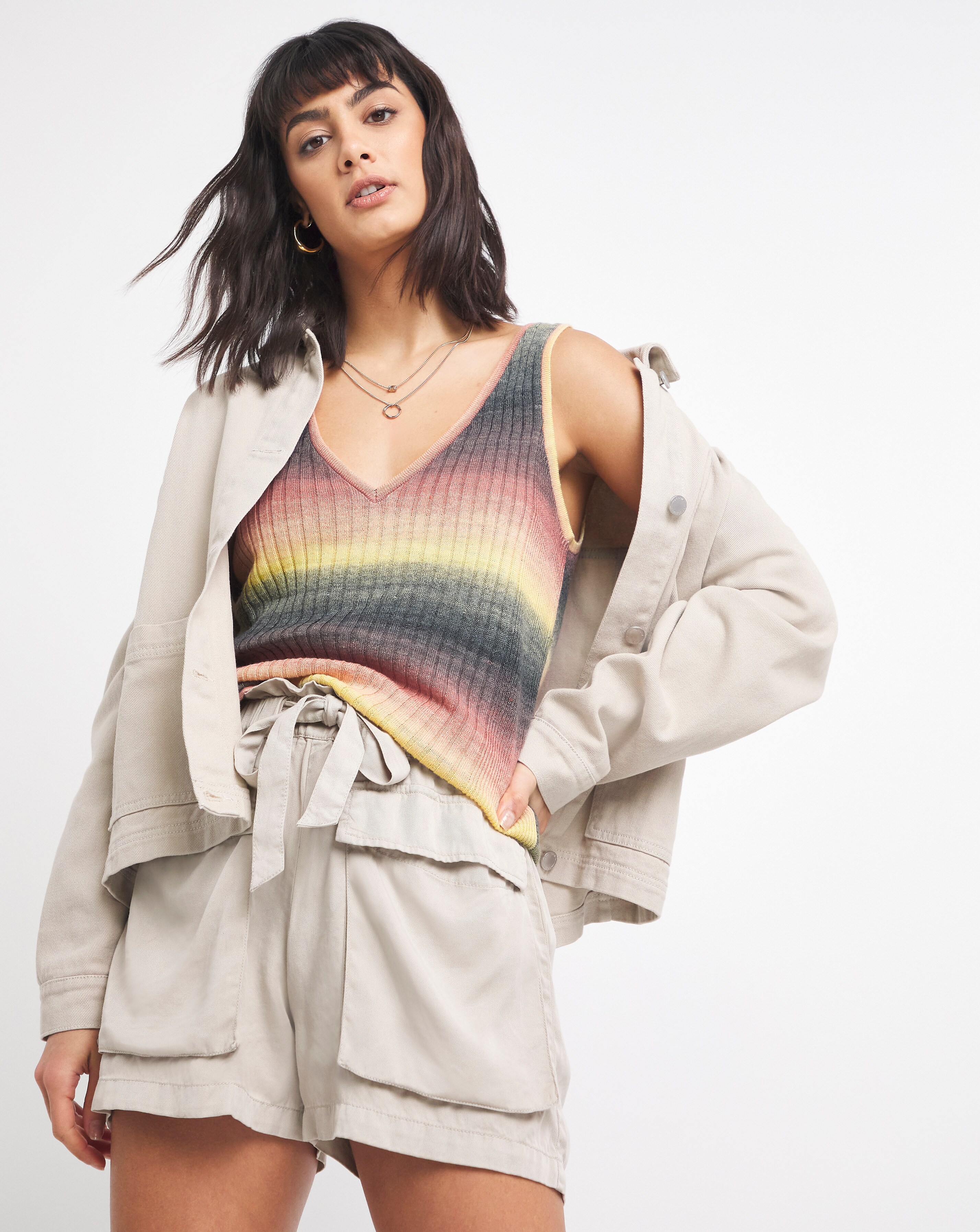 Contrast Stitch Sweater Line And Dot One Shoulder Knit Top